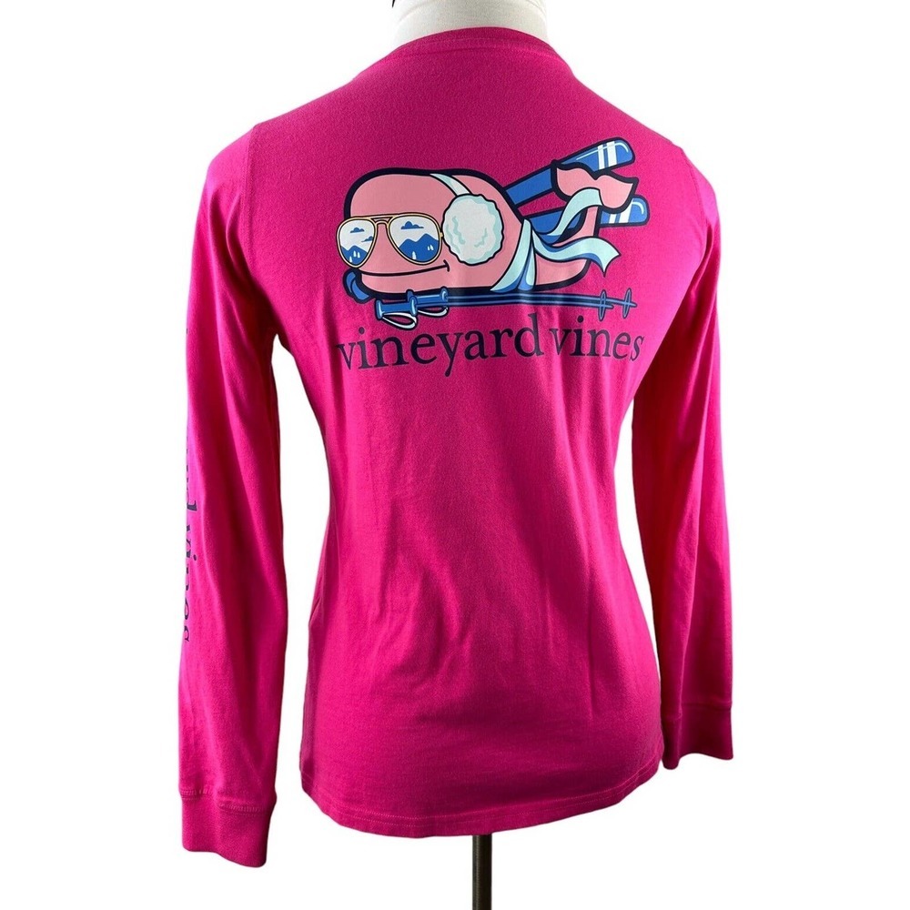 Vineyard Vines Long Sleeve Snow Bunny Whale Pocket Tee Pink Shirt Women's Small - Picture 2 of 14